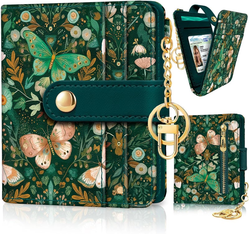 Jogjam Butterfly Green Rfid Women Wallet, Small Slim Thin Compact Credit Card Wallet, PU Leather Bifold Cash Wallet, Zipper Coin Pocket ID Window, Female Ladies Girl Gifts - Image 1